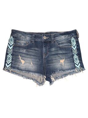 Express Jean Shorts Turquoise Tribal Bohemian Embroidered Side Accented Fringe 4